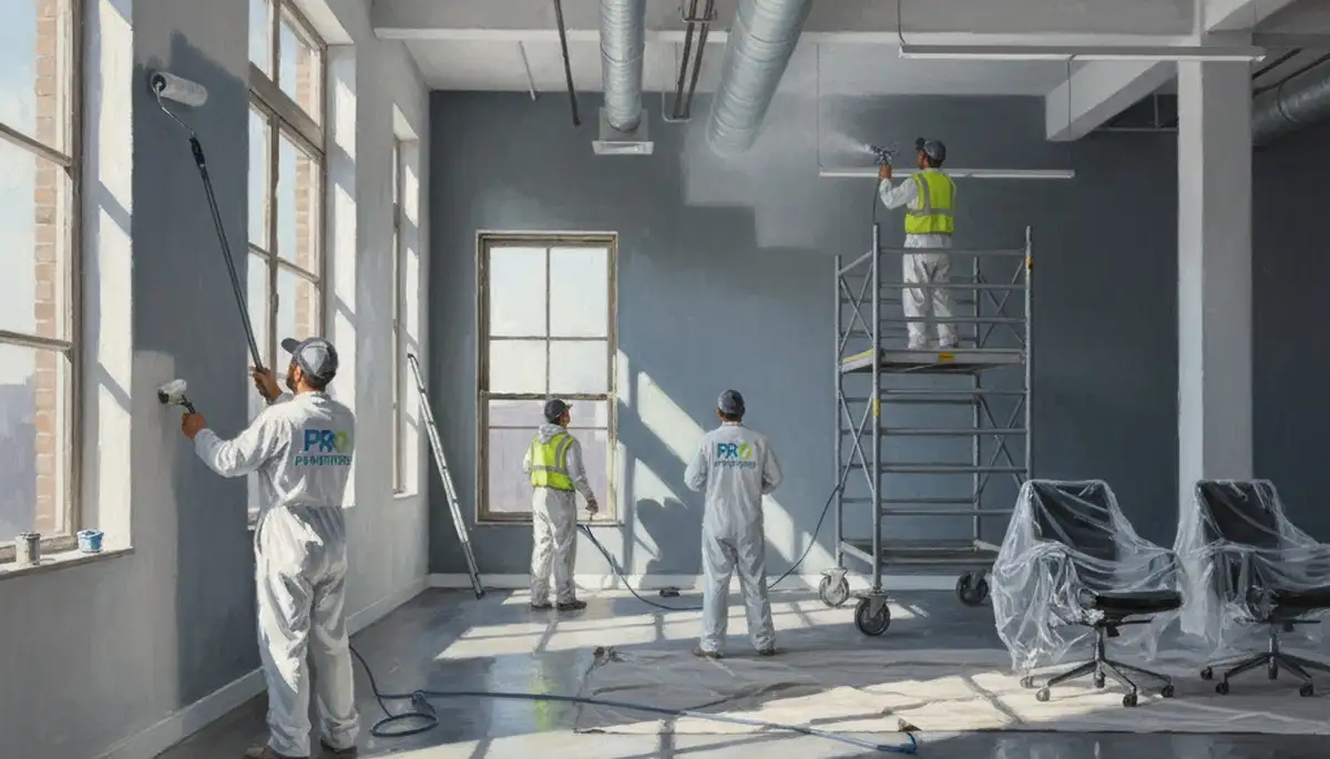 Commercial painting team in Baltimore, MD applying durable exterior paint on a business property