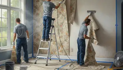 Baltimore, MD painters removing wallpaper and prepping walls for a smooth new finish